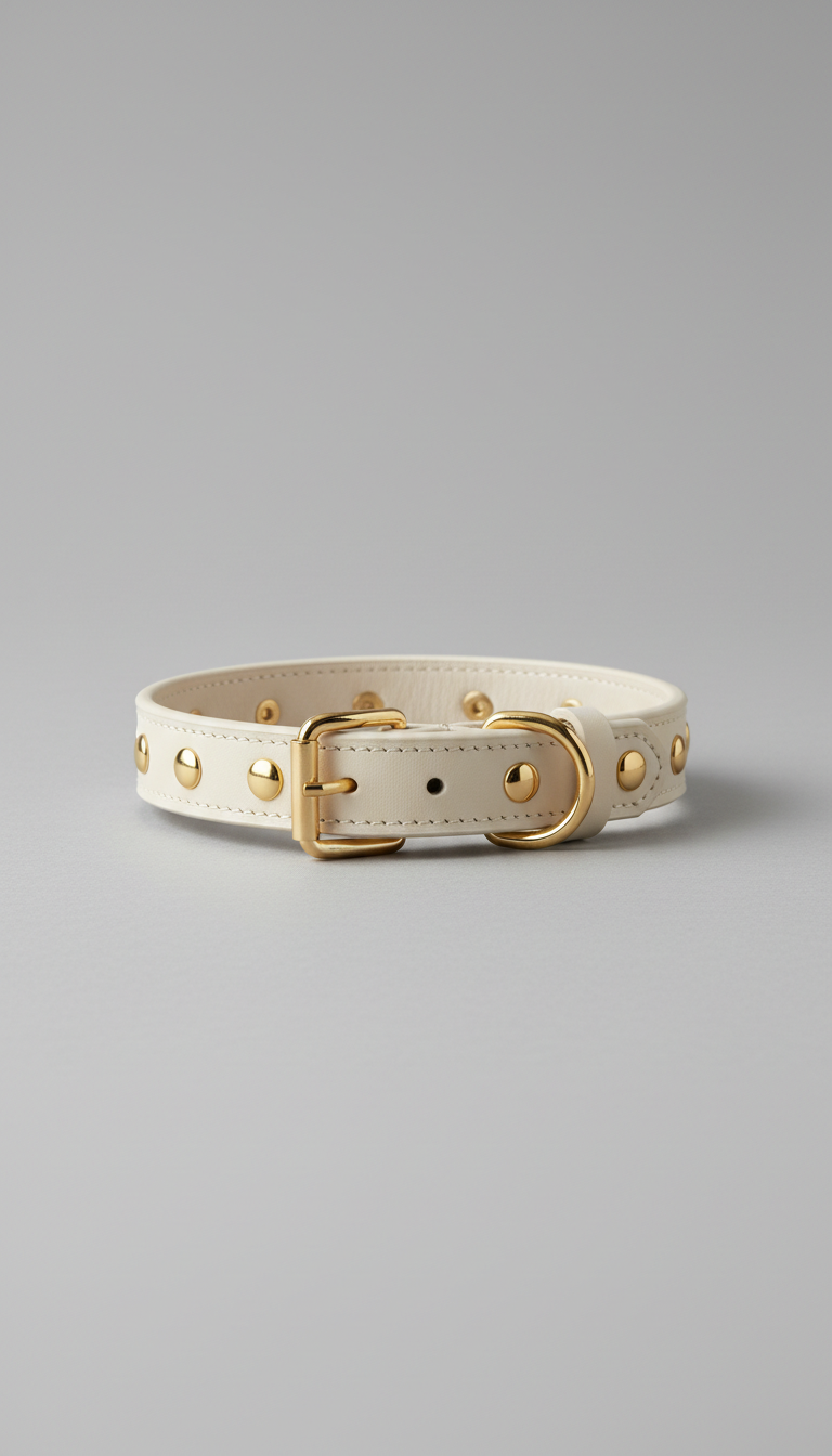 Ivory Leather Dog Collar with Gold Hardware